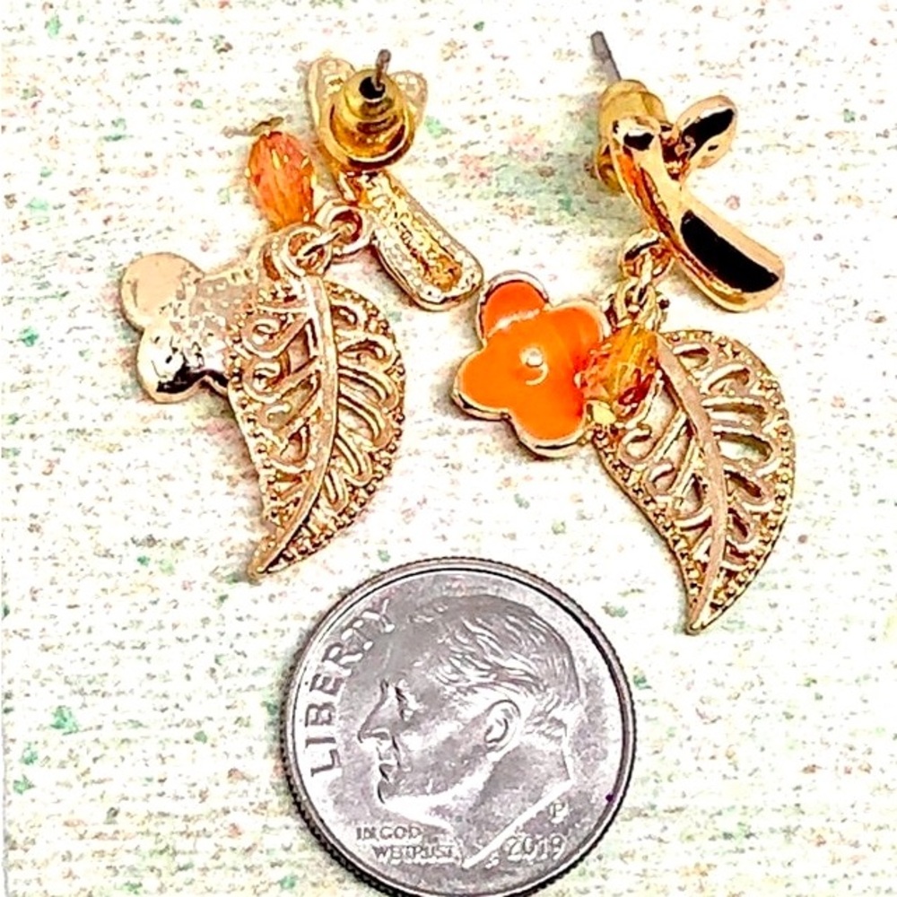 Orange Enamel Flower on Branch with Gold Filigree Leaf and Crystal Post Earrings - Picture 3 of 3